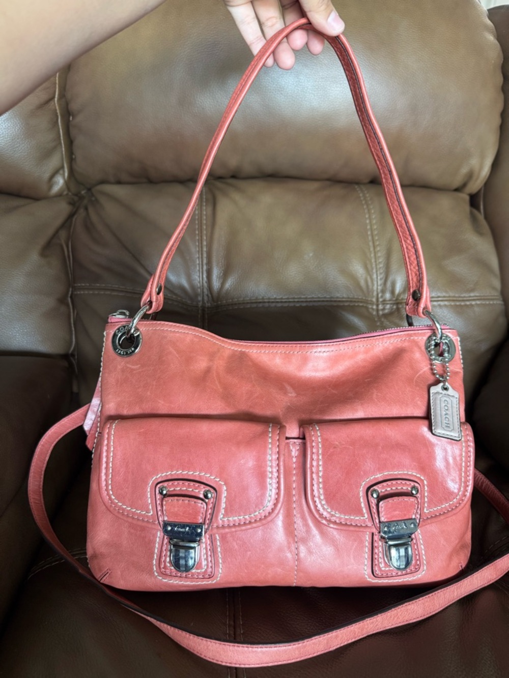 Coach Coral-Red Leather Shoulder Bag with Front Buckle Pockets vintage y2k